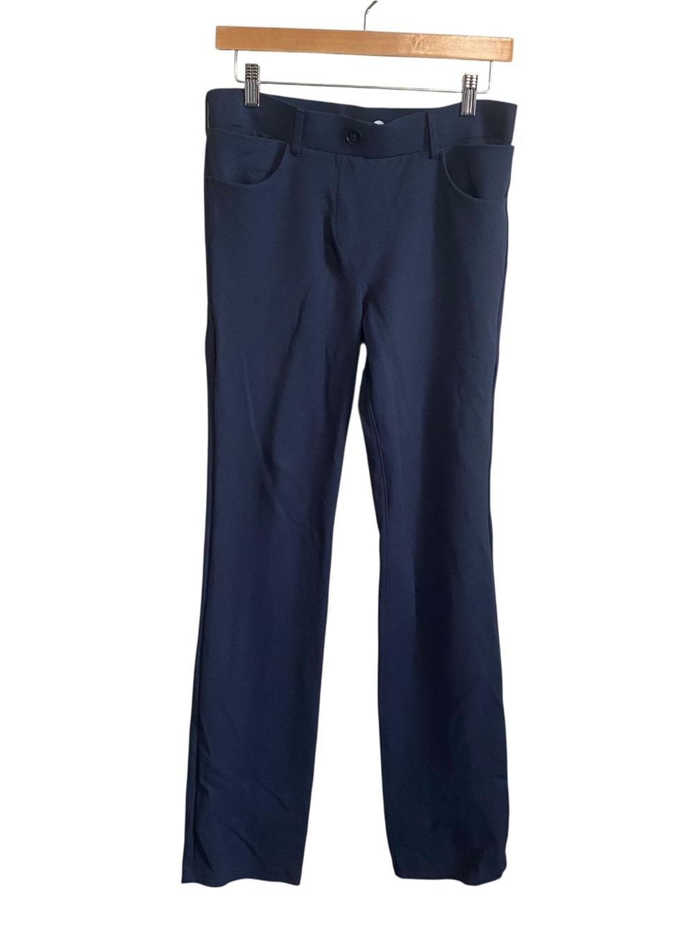Betabrand Navy Herringbone Mid Rise Boot Cut Office Siren Yoga Pant Medium Tall